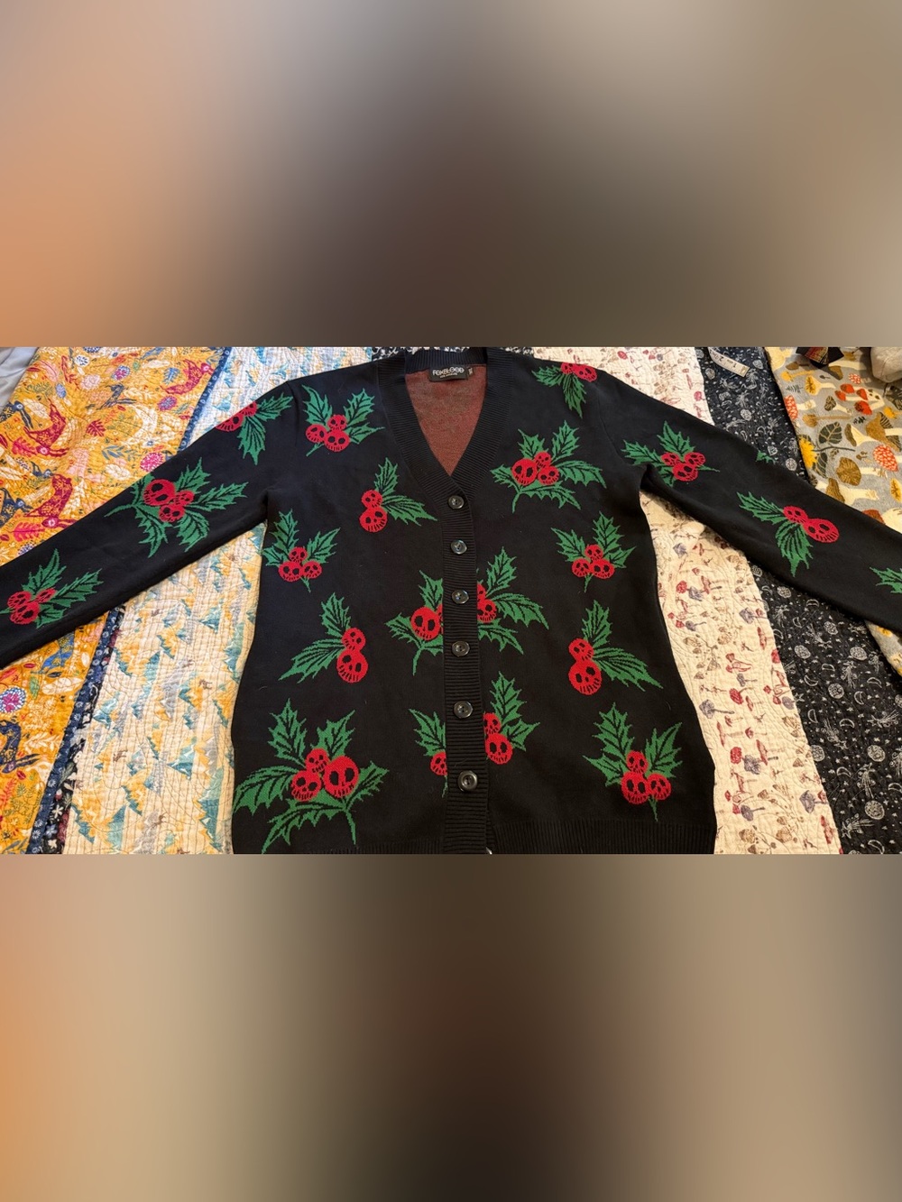 Vintage-Inspired Black Holly Cardigan Sweater with Red & Green Motif